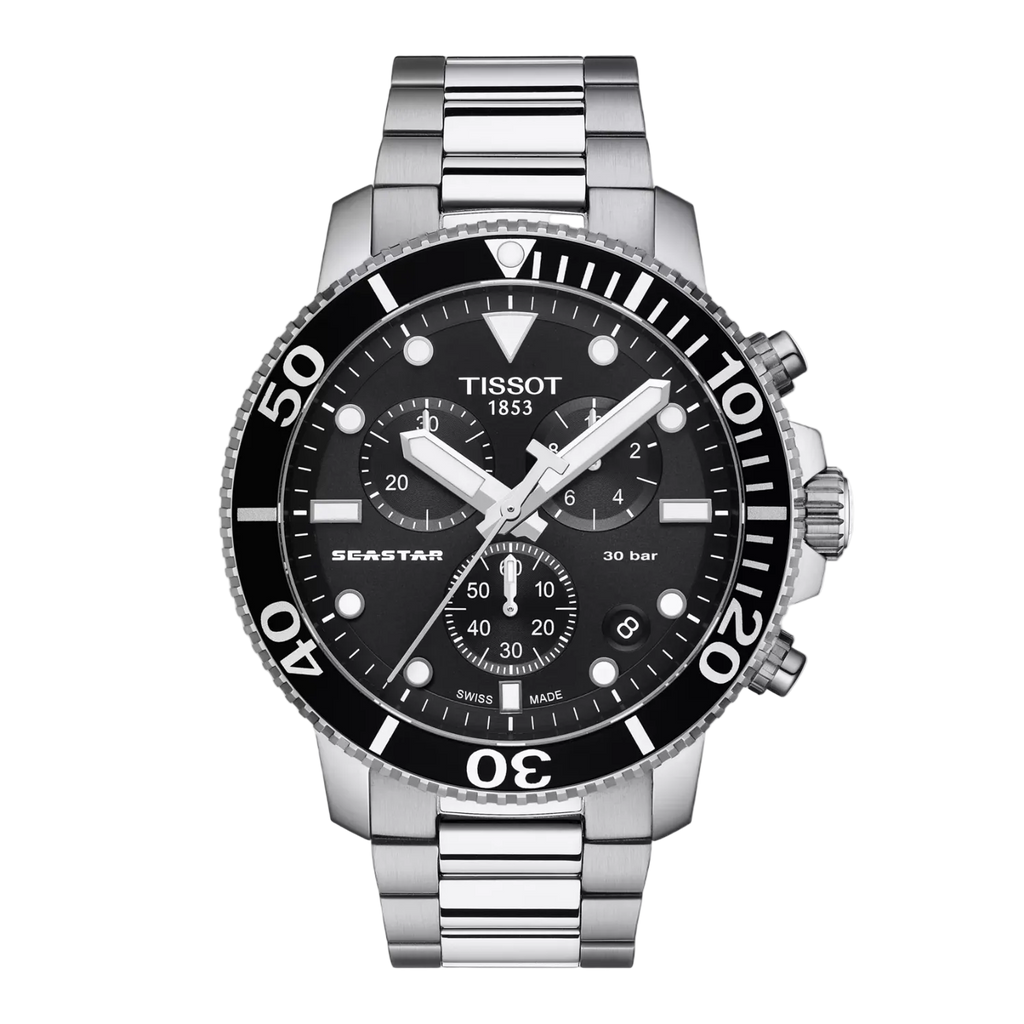 Tissot Seastar chronograph T120.417.11.051.00 with black dial and steel bracelet