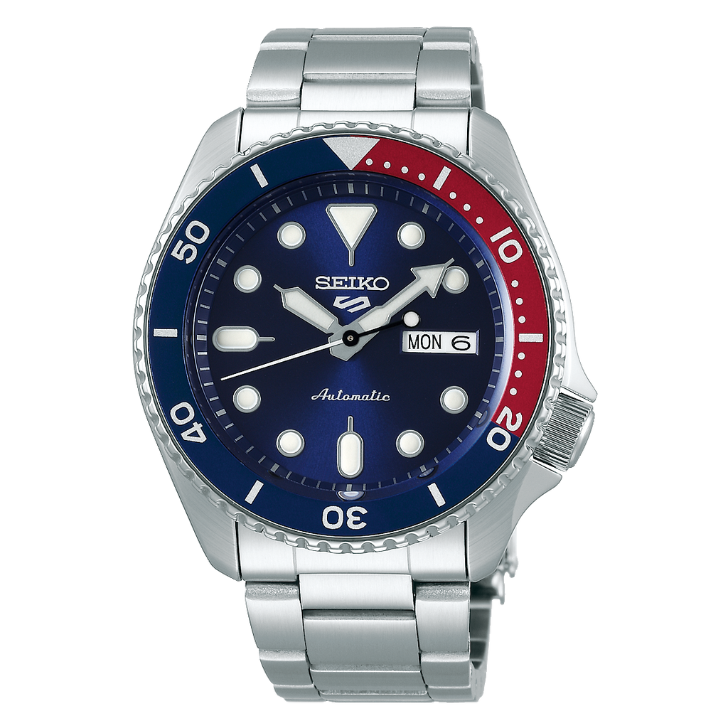 Seiko 5 Sports SRPD53K1 with blue dial, red and blue bezel and steel bracelet